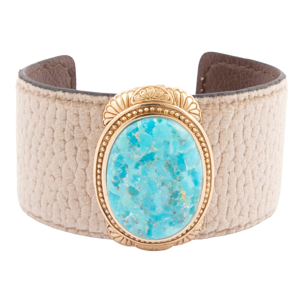 Blue Turquoise Velvet Cuff Golden Bracelet - Barse Jewelry