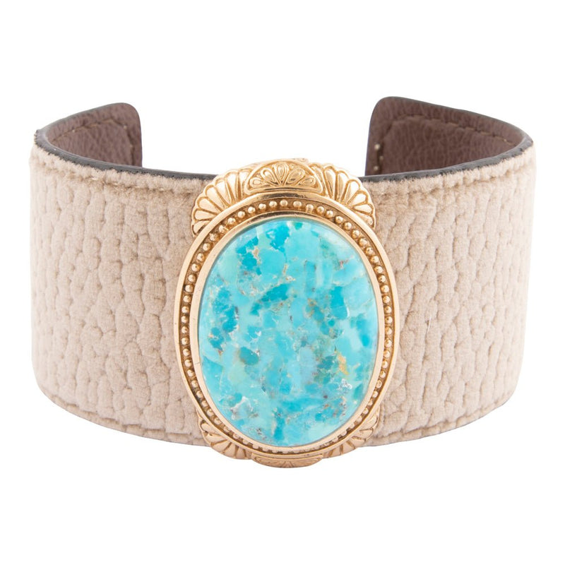 Blue Turquoise Velvet Cuff Golden Bracelet - Barse Jewelry