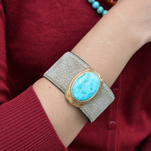 Blue Turquoise Velvet Cuff Golden Bracelet - Barse Jewelry
