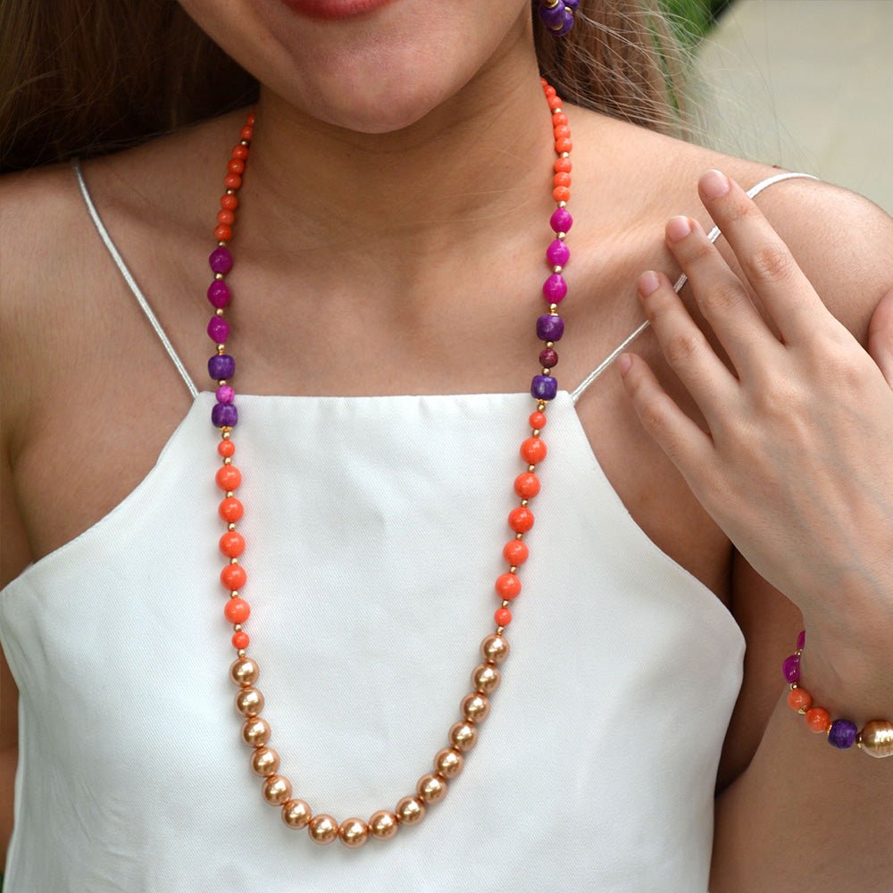 Bordeaux Orange Coral Golden Long Necklace - Barse Jewelry