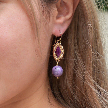 Bordeaux Purple Agate Golden Drop Earrings - Barse Jewelry