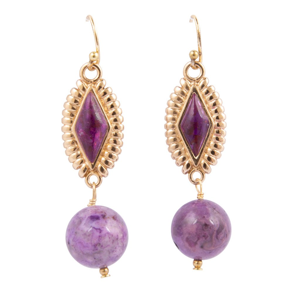Bordeaux Purple Agate Golden Drop Earrings - Barse Jewelry