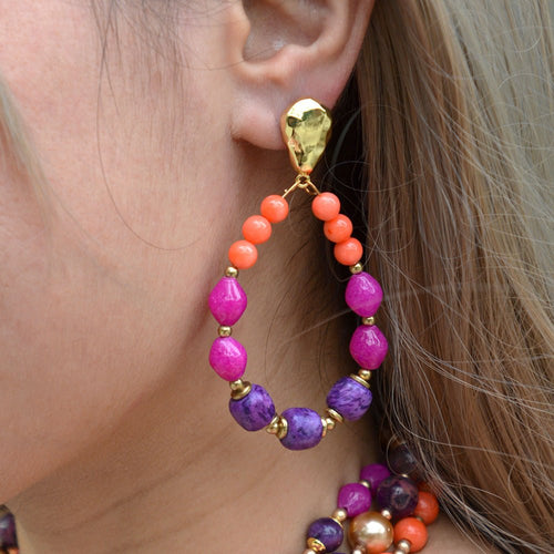 Bordeaux Purple Agate Golden Shell Drop Earrings - Barse Jewelry