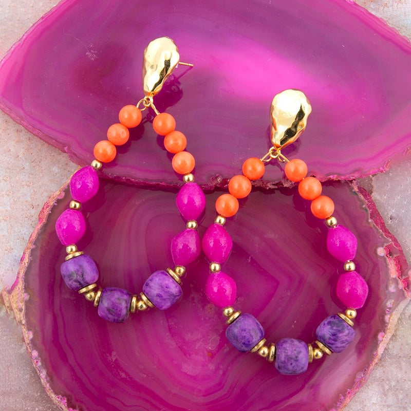 Bordeaux Purple Agate Golden Shell Drop Earrings - Barse Jewelry
