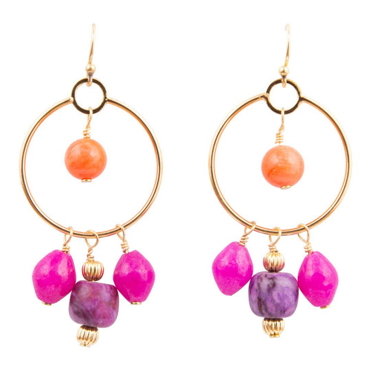 Bordeaux Pink Jade Chandelier Golden Earrings