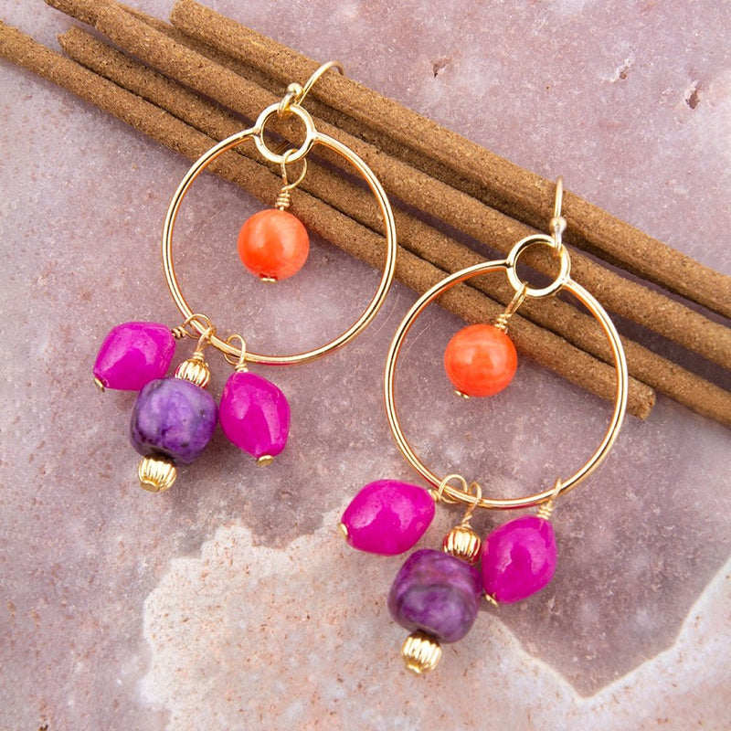 Bordeaux Purple Jade Chandelier Golden Earrings - Barse Jewelry
