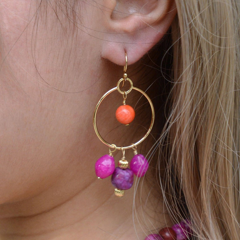 Bordeaux Purple Jade Chandelier Golden Earrings - Barse Jewelry