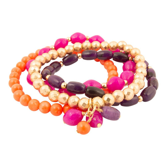 Bordeaux Purple Jade Golden Stretch Bracelet Set