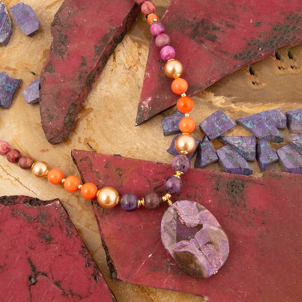 Bordeaux Purple Jasper Golden Pendant Necklace - Barse Jewelry