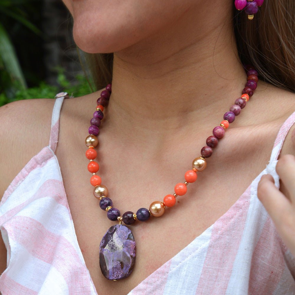 Bordeaux Purple Jasper Golden Pendant Necklace - Barse Jewelry