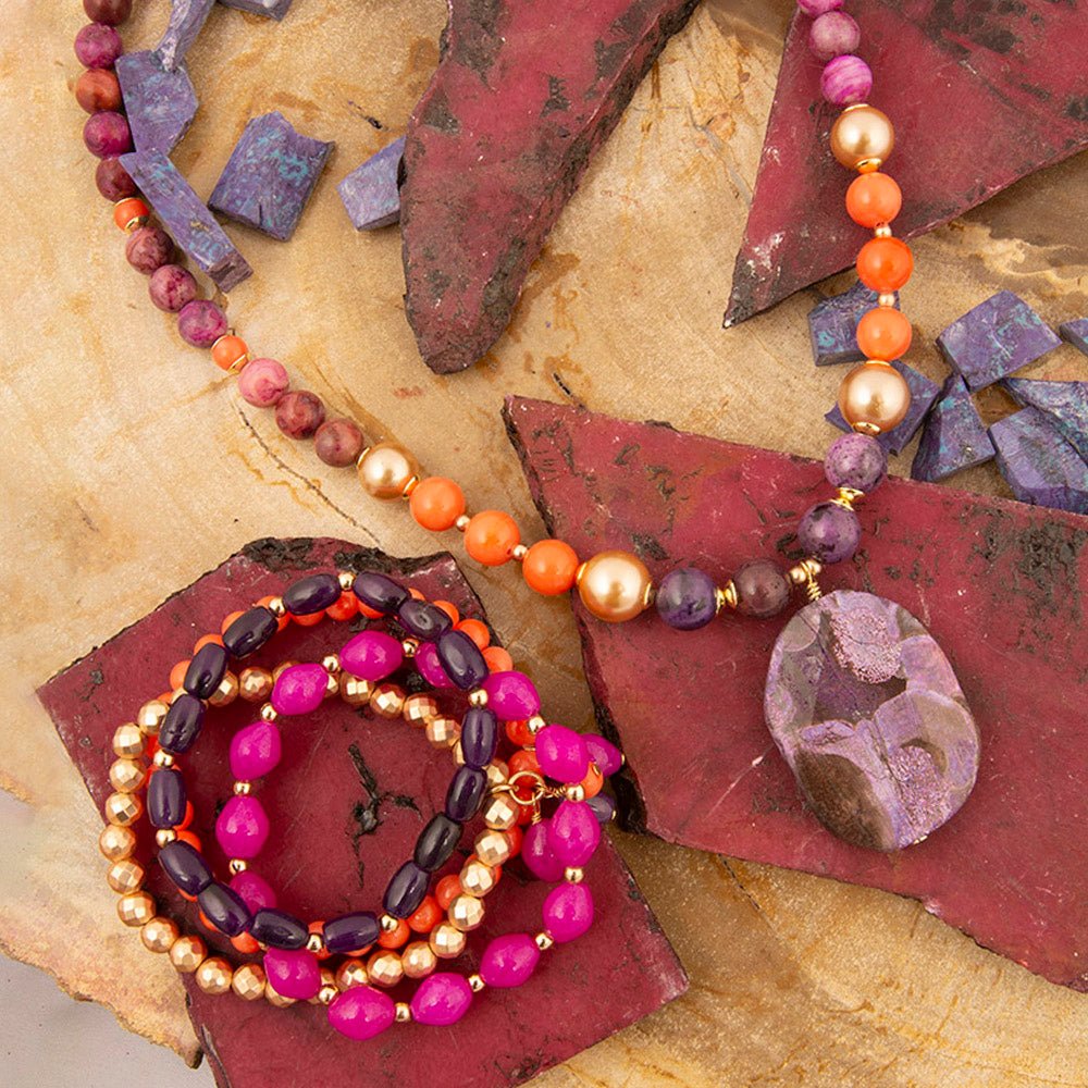 Bordeaux Purple Jasper Golden Pendant Necklace - Barse Jewelry