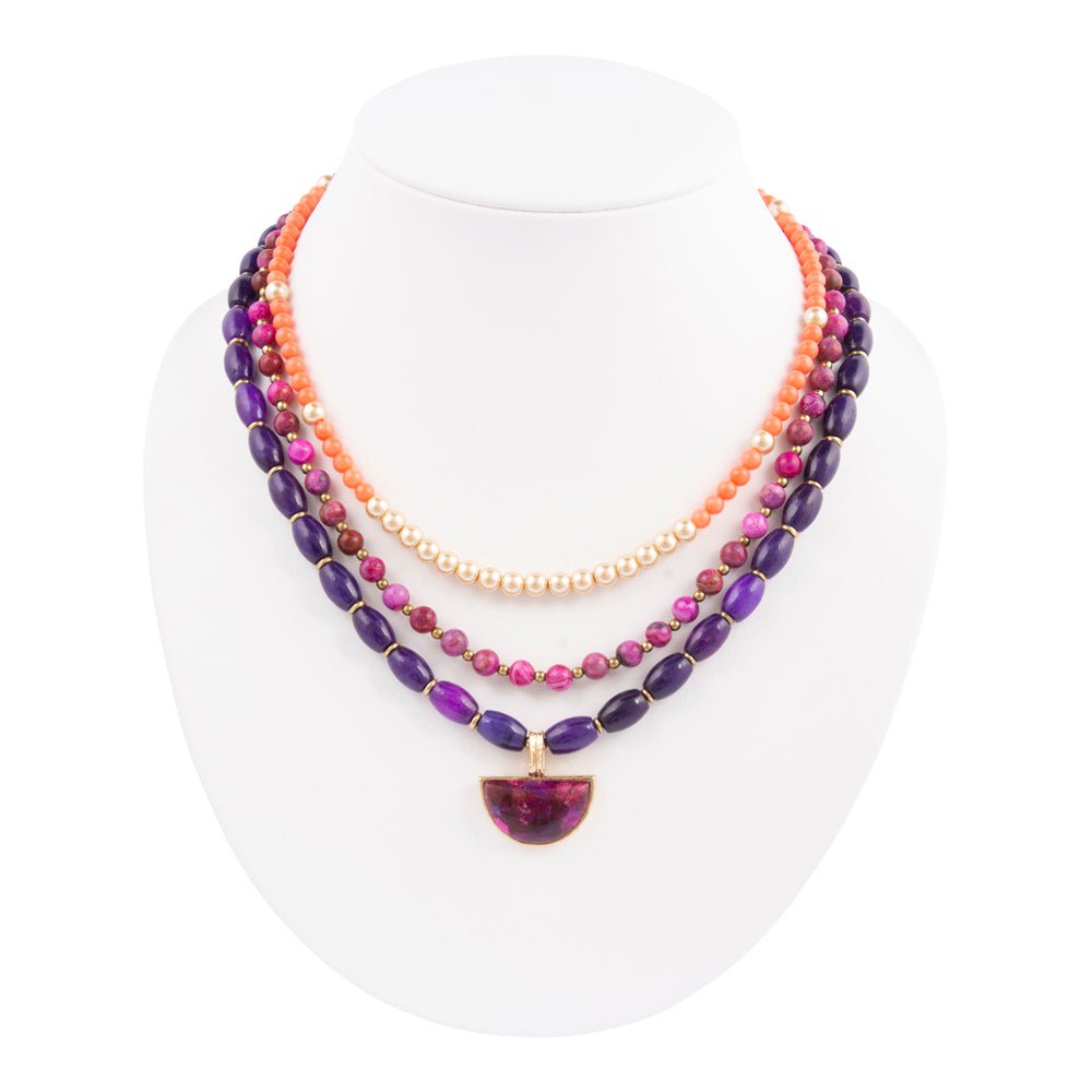 Bordeaux Purple Turquoise and Orange Jade Golden Pendant Necklace - Barse Jewelry