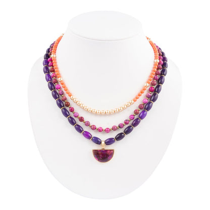 Bordeaux Purple Turquoise and Orange Jade Golden Pendant Necklace - Barse Jewelry