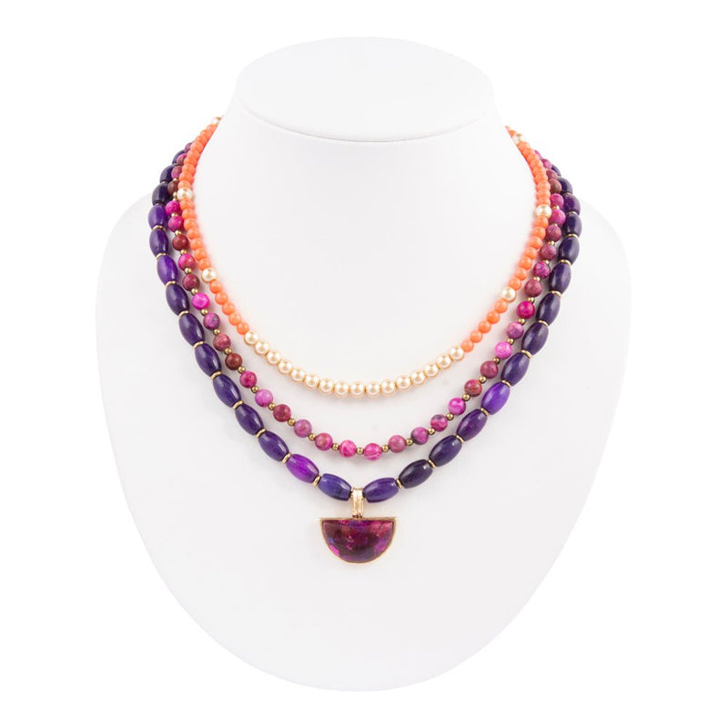 Bordeaux Purple Turquoise and Orange Jade Golden Pendant Necklace - Barse Jewelry