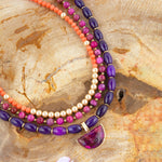 Bordeaux Purple Turquoise and Orange Jade Golden Pendant Necklace - Barse Jewelry