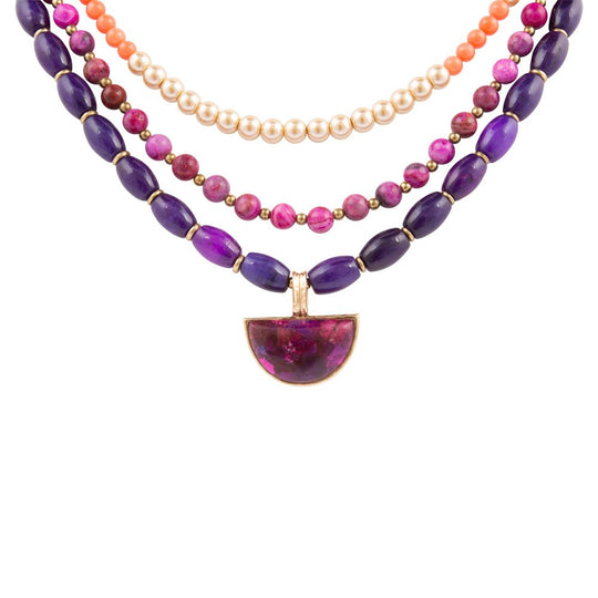Bordeaux Purple Turquoise and Orange Jade Golden Pendant Necklace