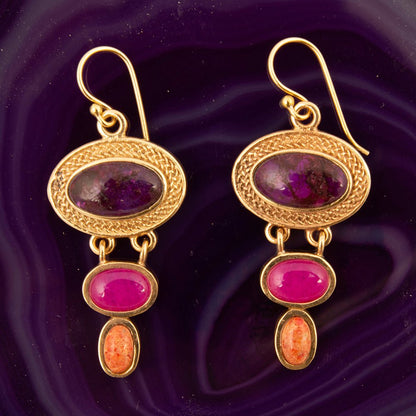Bordeaux Purple Turquoise Golden Drop Earrings - Barse Jewelry