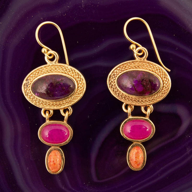 Bordeaux Purple Turquoise Golden Drop Earrings - Barse Jewelry