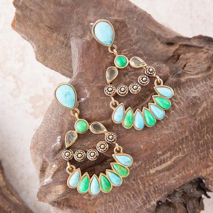 Botanical Blue Turquoise Golden Statement Earrings - Barse Jewelry