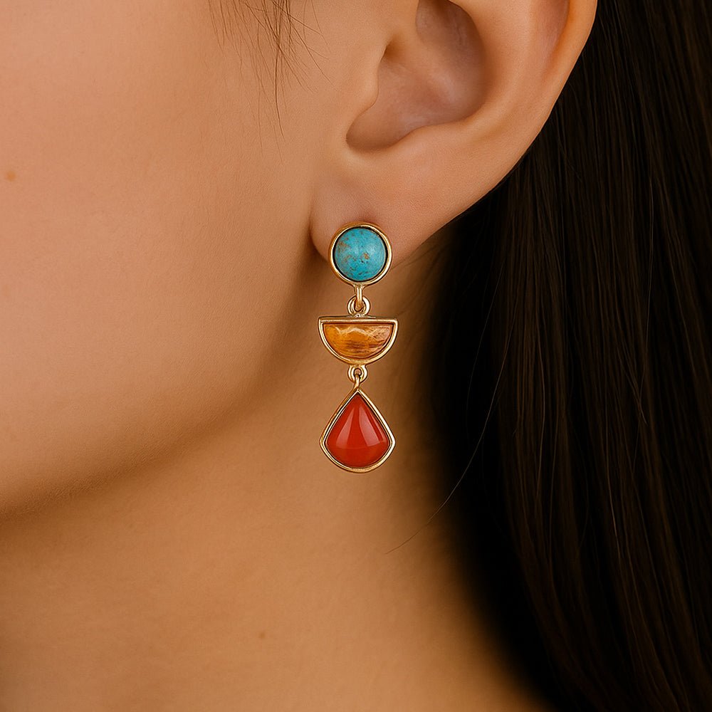Bronco Blue Turquoise and Carnelian Golden Drop Post Earrings - Barse Jewelry