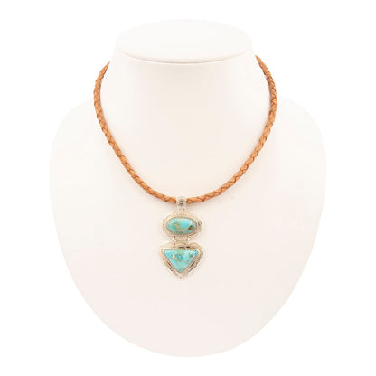 Bronco Blue Turquoise Sterling Silver Concho Pendant Leather Necklace - Barse Jewelry