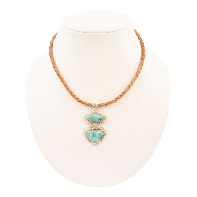 Bronco Blue Turquoise Sterling Silver Concho Pendant Leather Necklace - Barse Jewelry