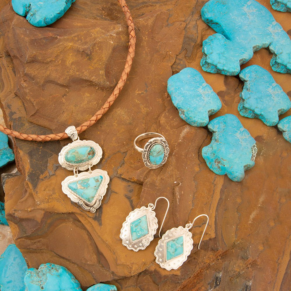 Bronco Blue Turquoise Sterling Silver Concho Pendant Leather Necklace - Barse Jewelry
