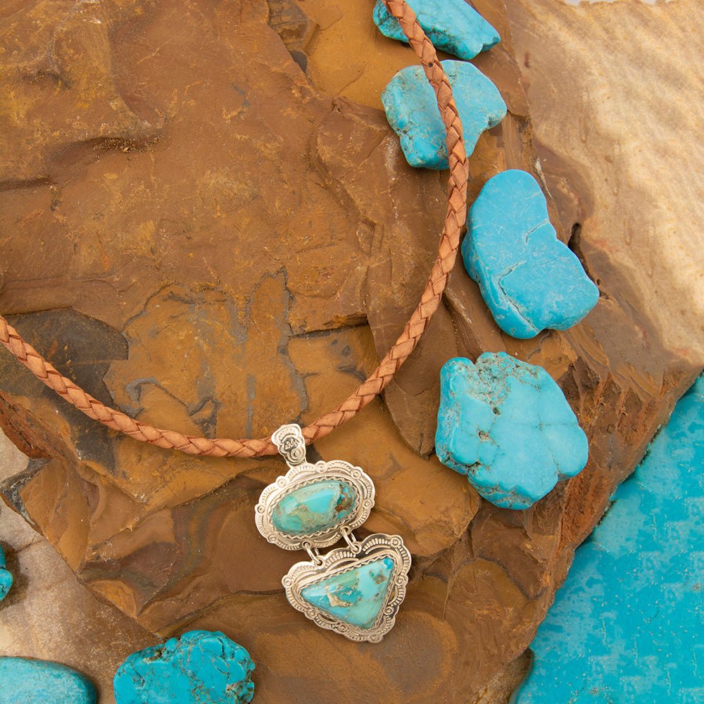 Bronco Blue Turquoise Sterling Silver Concho Pendant Leather Necklace - Barse Jewelry