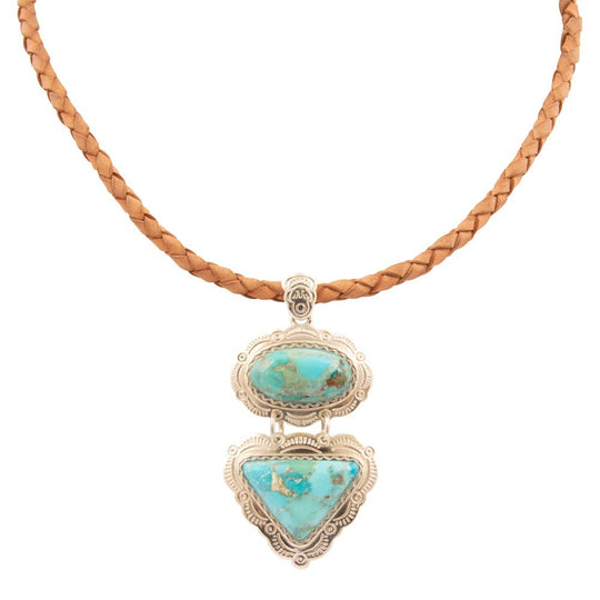 Bronco Blue Turquoise Sterling Silver Concho Pendant Leather Necklace