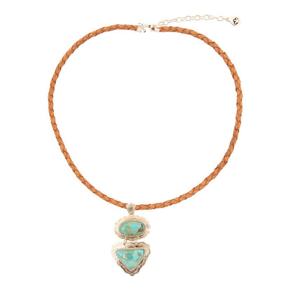 Bronco Blue Turquoise Sterling Silver Concho Pendant Leather Necklace - Barse Jewelry