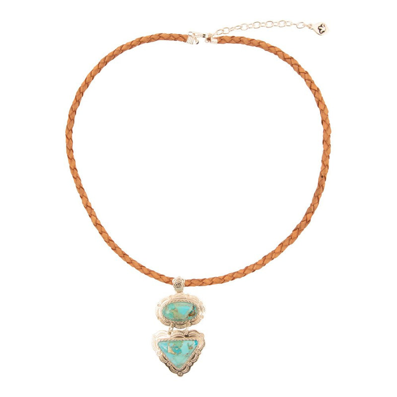 Bronco Blue Turquoise Sterling Silver Concho Pendant Leather Necklace - Barse Jewelry