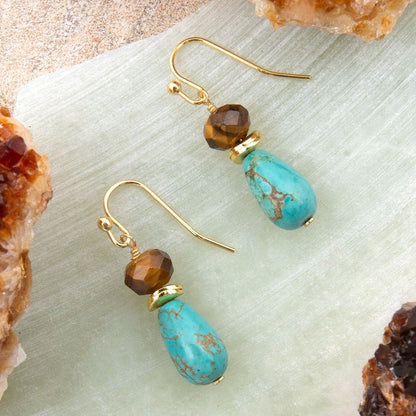 Brown Smoky Tiger's Eye and Turquoise Double Drop Earrings - Barse Jewelry
