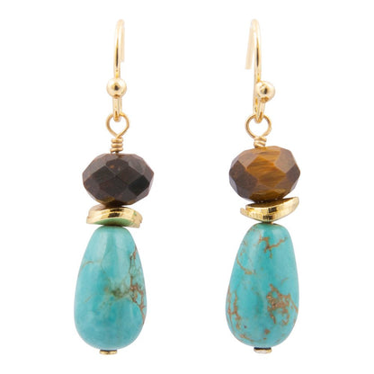 Brown Smoky Tiger's Eye and Turquoise Double Drop Earrings - Barse Jewelry