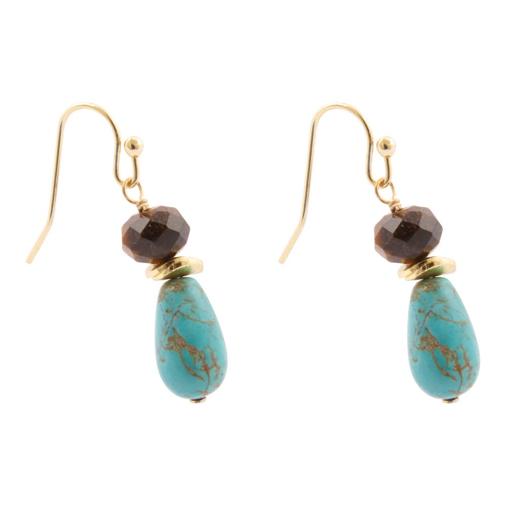 Brown Smoky Tiger's Eye and Turquoise Double Drop Earrings - Barse Jewelry