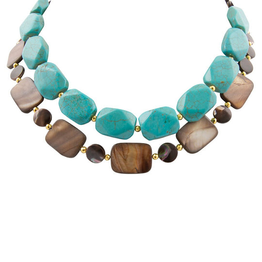 Brown Tiger's Eye and Blue Turquoise Golden Statement Necklace