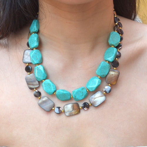 Brown Tiger's Eye and Blue Turquoise Golden Statement Necklace - Barse Jewelry