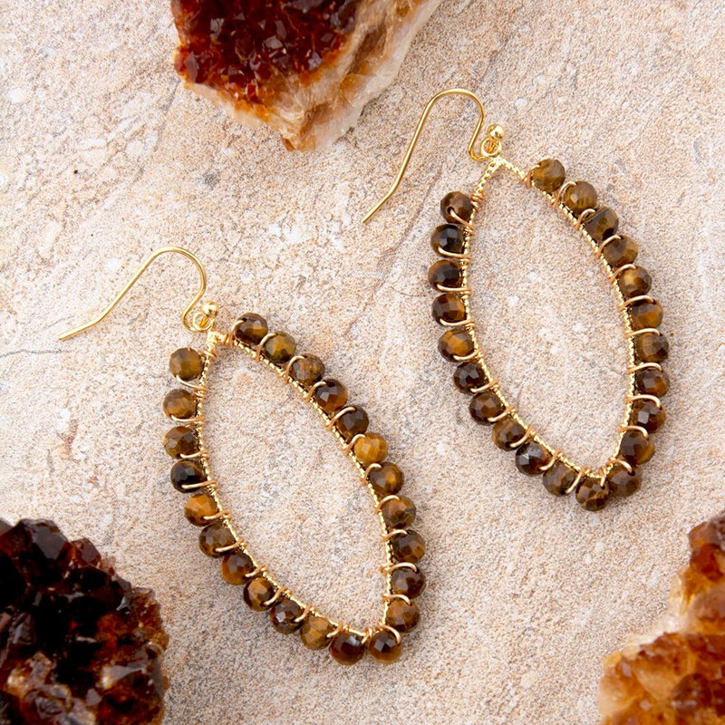 Brown Tiger's Eye Tear Drop Golden Loop Earrings - Barse Jewelry