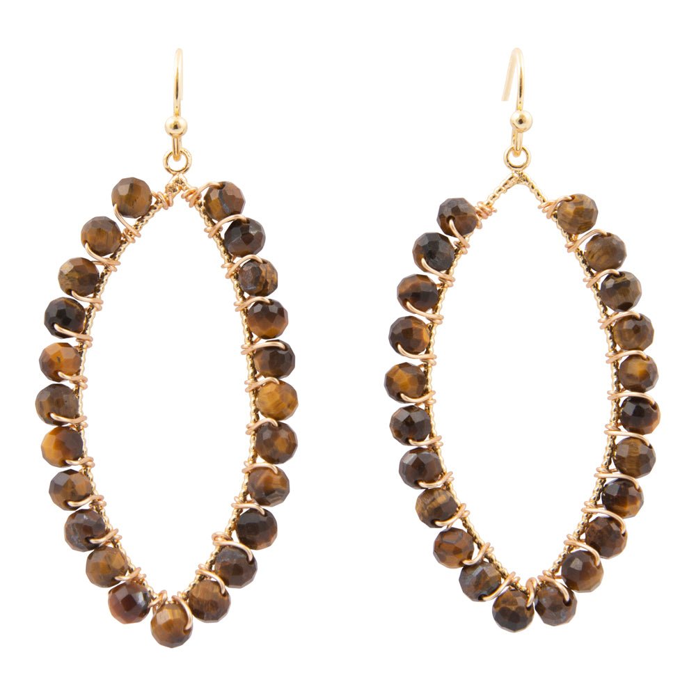 Brown Tiger's Eye Tear Drop Golden Loop Earrings - Barse Jewelry