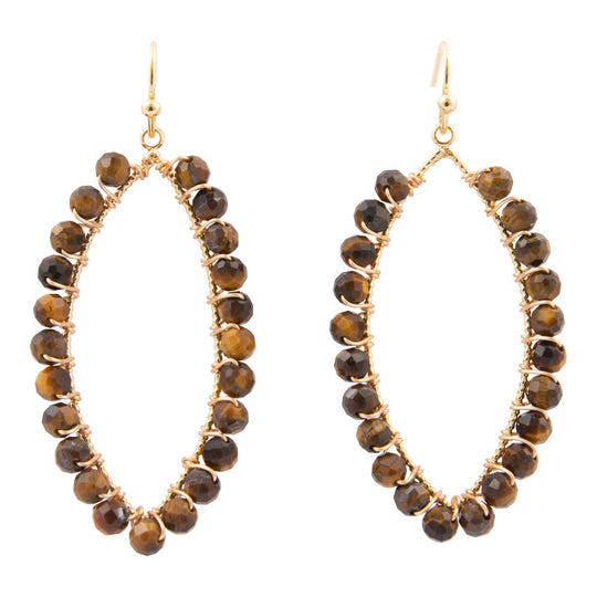 Brown Tiger's Eye Tear Drop Golden Loop Earrings