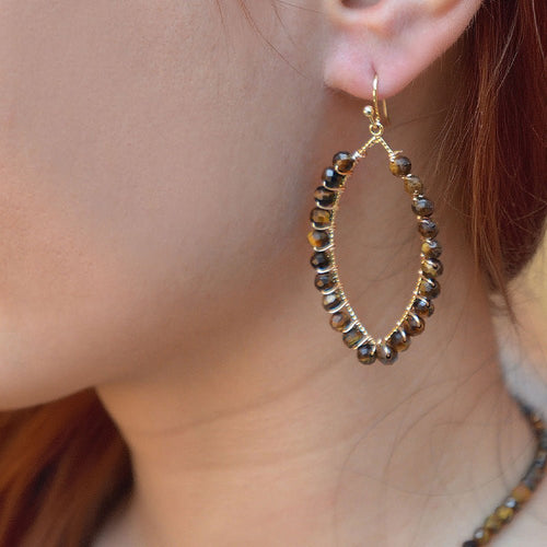 Brown Tiger's Eye Tear Drop Golden Loop Earrings - Barse Jewelry