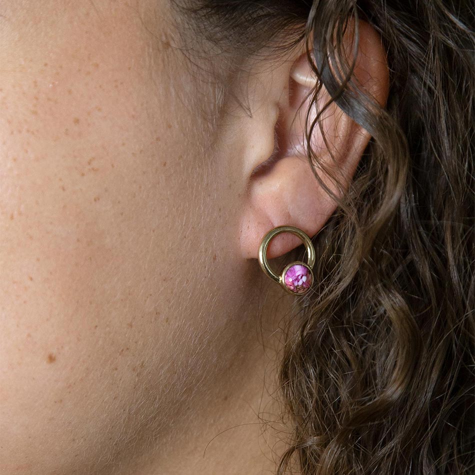 Calgary Pink Spiny Oyster Matrix Post Golden Earrings - Barse Jewelry