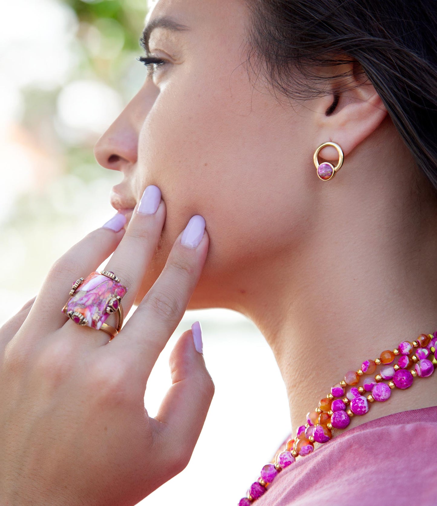 Calgary Pink Spiny Oyster Matrix Post Golden Earrings - Barse Jewelry