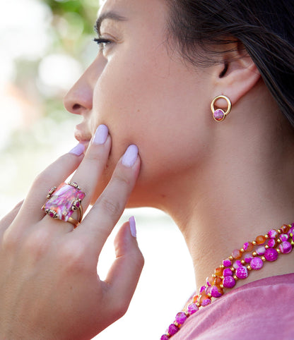 Calgary Pink Spiny Oyster Matrix Post Golden Earrings - Barse Jewelry