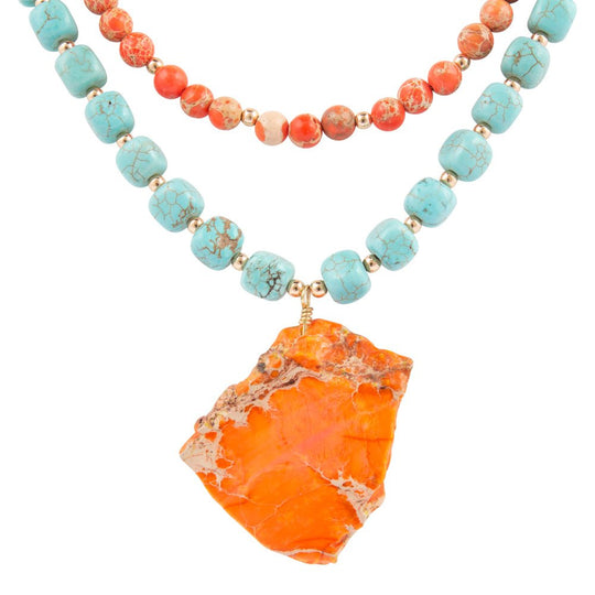 Canyon Blue Magnesite and Orange Jasper Golden Statement Necklace