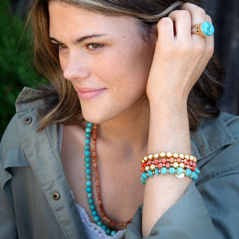 Canyon Blue Magnesite and Orange Jasper Golden Stretch Bracelet Set - Barse Jewelry