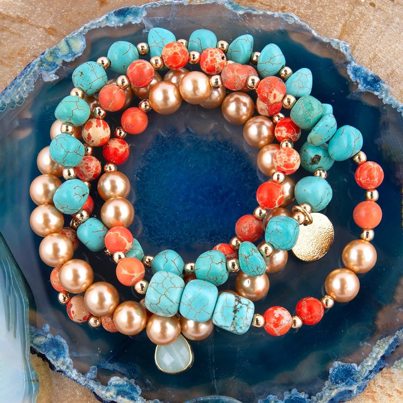 Canyon Blue Magnesite and Orange Jasper Golden Stretch Bracelet Set - Barse Jewelry