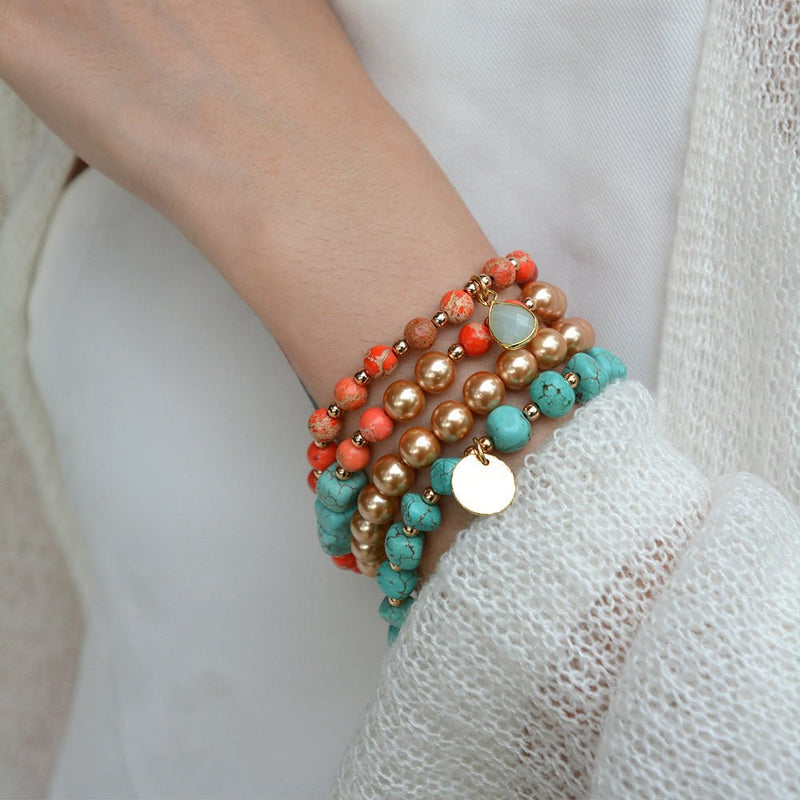 Canyon Blue Magnesite and Orange Jasper Golden Stretch Bracelet Set - Barse Jewelry
