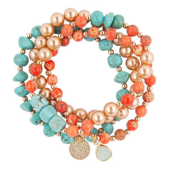 Canyon Blue Magnesite and Orange Jasper Golden Stretch Bracelet Set