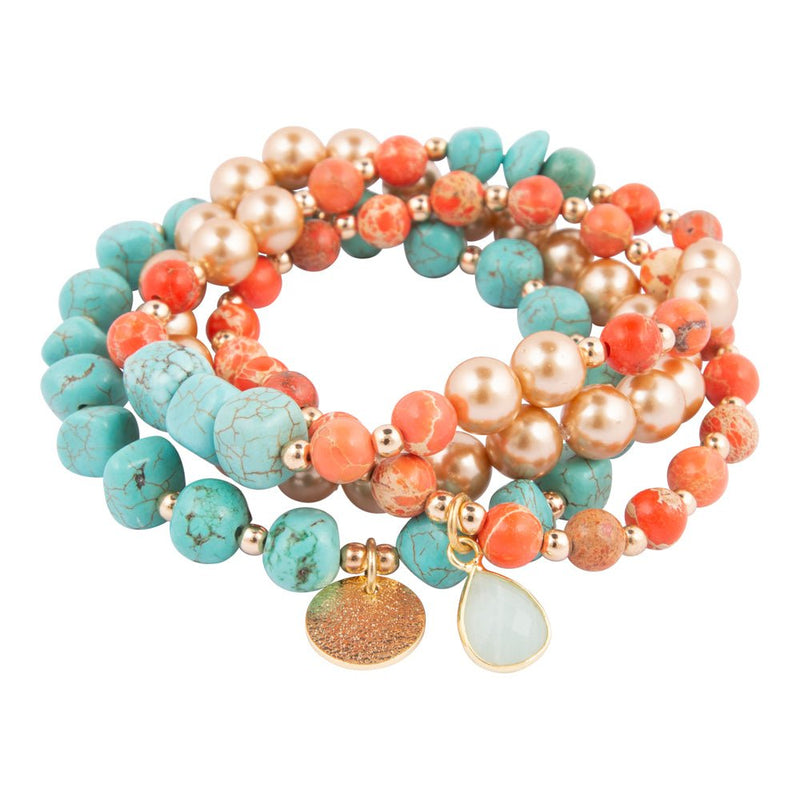 Canyon Blue Magnesite and Orange Jasper Golden Stretch Bracelet Set - Barse Jewelry