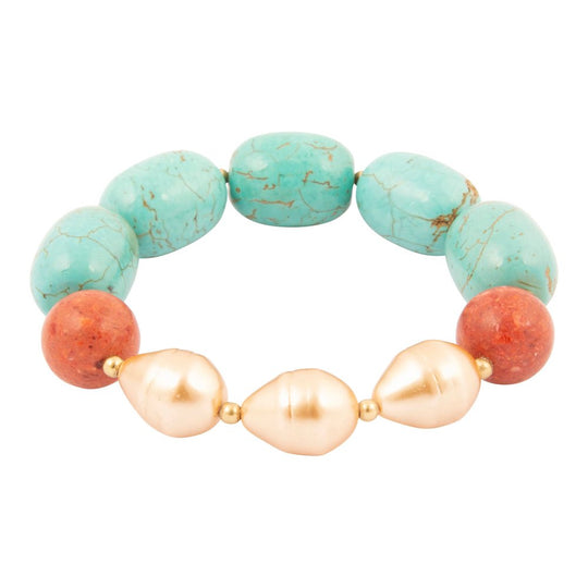 Canyon Blue Magnesite and Red Coral Golden Chunky Stretch Bracelet